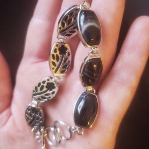 New Black and White Onyx Agate Silver Bracelet.